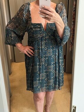 Anthropologie Boho Low BackMini Dress in Teal Pattern